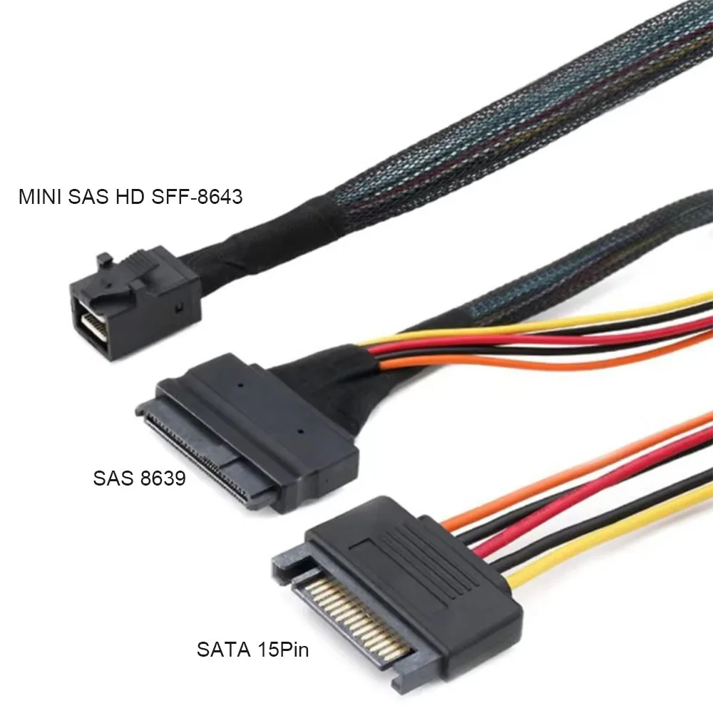 Mini SAS HD SFF-8643 to SAS 8639 SATA 15p Male Convert Cable Y Shape for Computer PC Server Connect Wire 50Cm Extend Line Cord