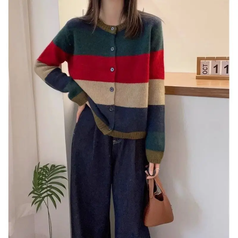 Vintage Contrasting Colors Cardigan Female Clothing Striped Loose Autumn Winter Casual O-Neck Single-breasted Knitted Sweaters