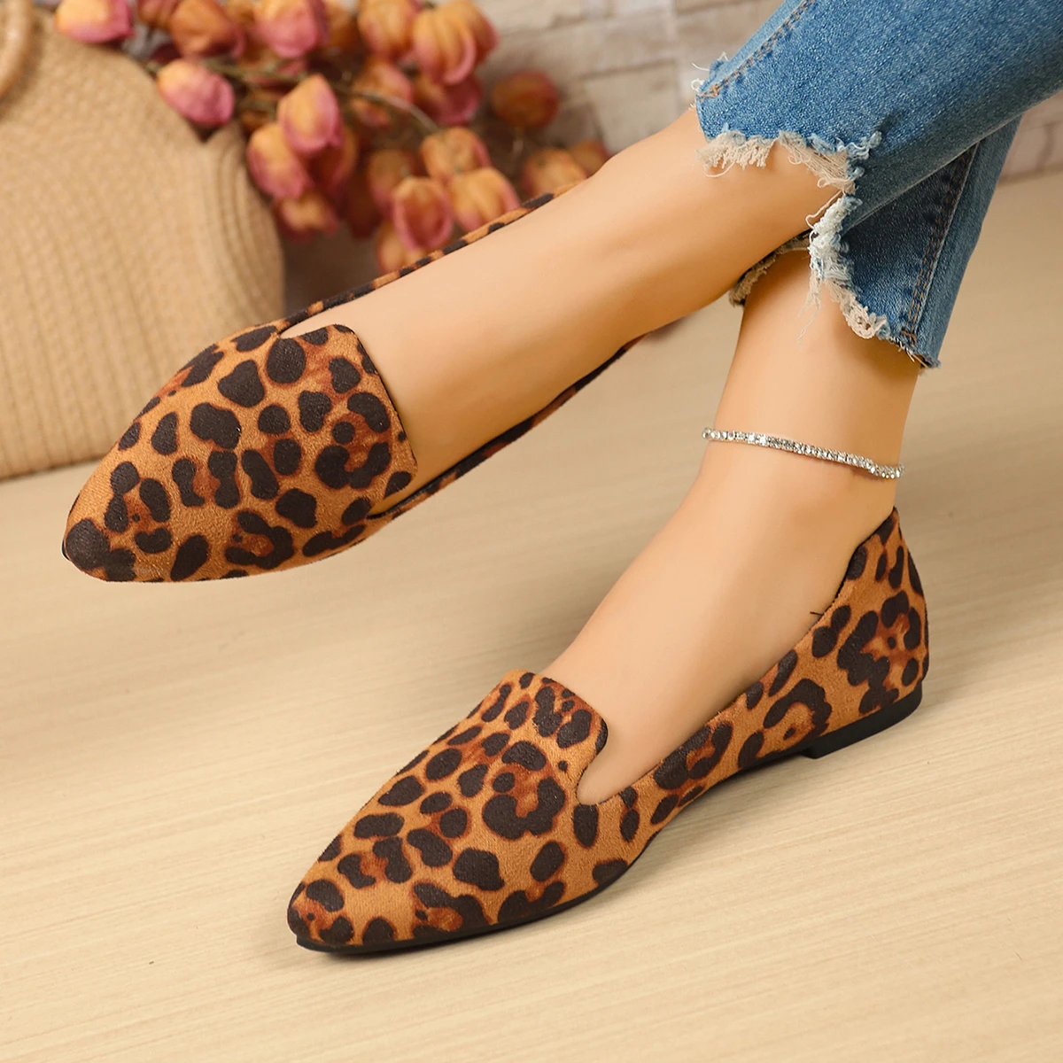 Damen-Flats mit spitzer Zehenpartie, einfarbige Flats für Damen, Frühling/Herbst, lässig, bequem, Leopardenmuster, braun, flacher Absatz. – Detail 13