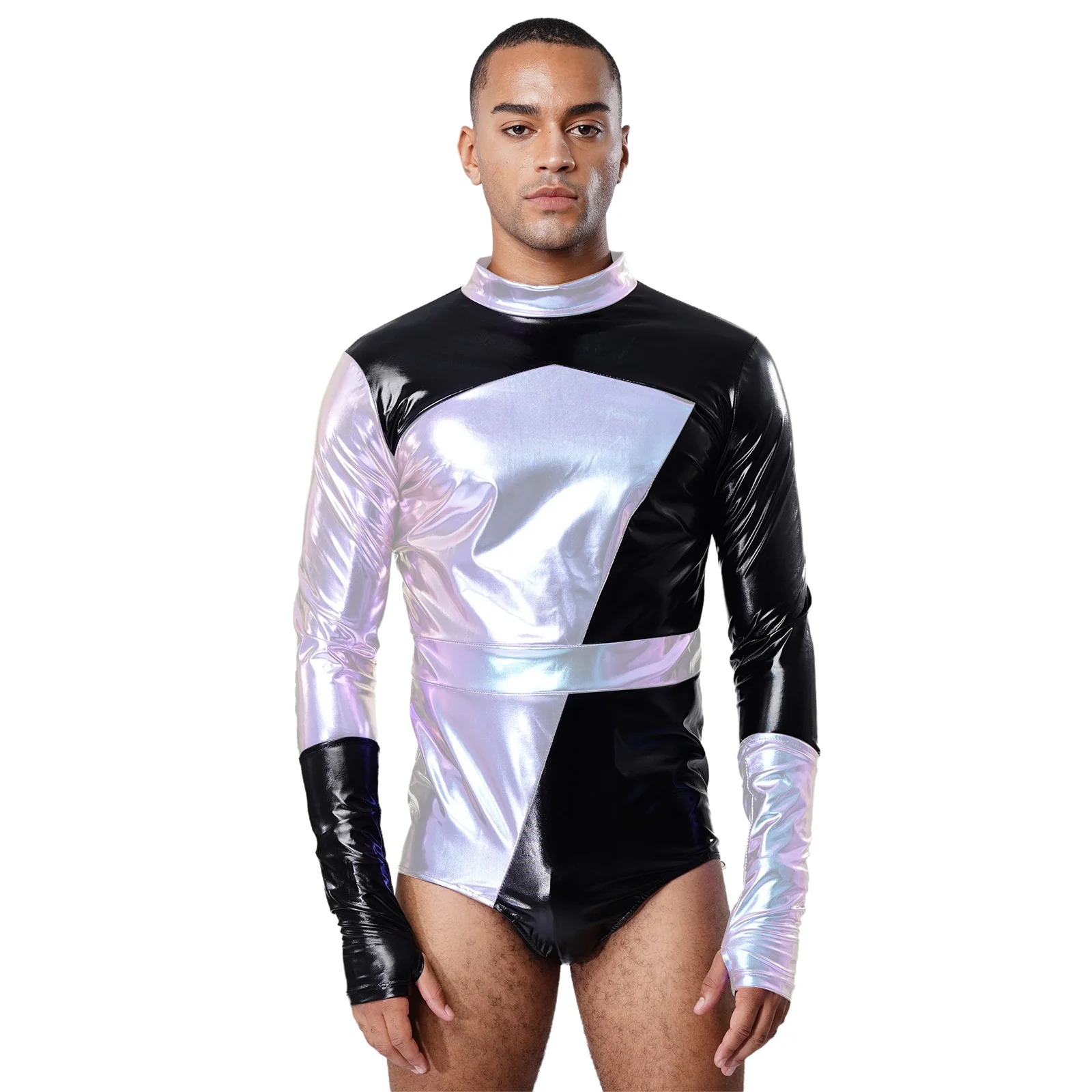 

Men Shiny Metallic Bodysuit Pole Dance Jersey Stand Collar Long Sleeves Color Block Jumpsuit with Arm Sleeves Party Club Wear