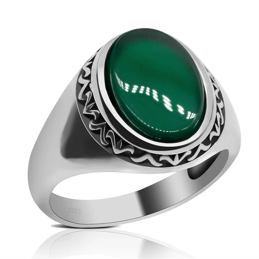 

100% Solid Real S925 High Quality 8g Pure Silver Men Ring Agate Green Fashion Couple Gift