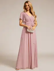 Elegant Evening dresses Deep V Neck Ruffles Sleeves Floor-Length Gown 2024 Ever pretty of Chiffon Dusty Rose Prom Women Dress