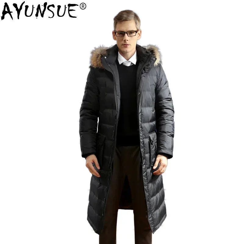 AYUSNUE White Goose Down Jacket Men Long Winter Coat Raccoon Fur Collar Plus Size warm Men's Jackets 2025 91608 KJ3095