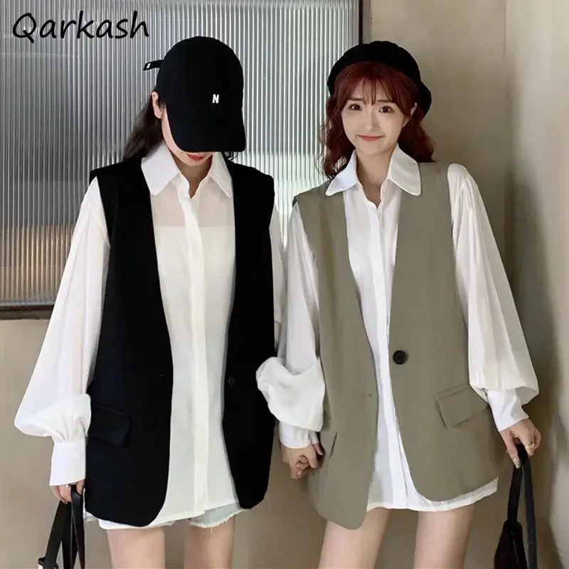 

Vests Women Pure Spring College Ins Single Button Design BF Korean Fashion Waistcoats Feminino Long Clothes Formal Loose Stylish