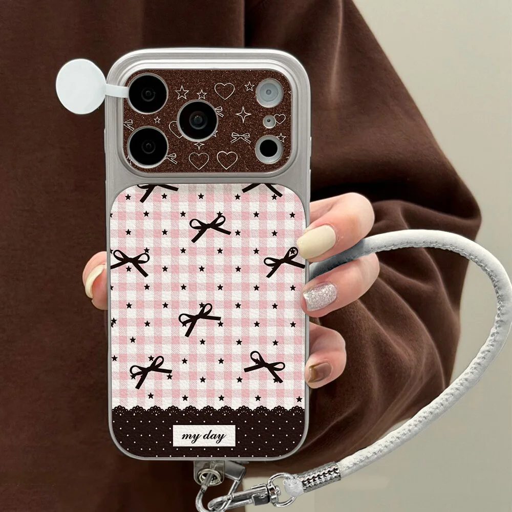 INS Retro Bowknot Leather Texture Phone Case For iPhone 17 Pro Max 16 15 14 13 Pro Max 12 11 With Lanyard Shockproof Cover - view 3