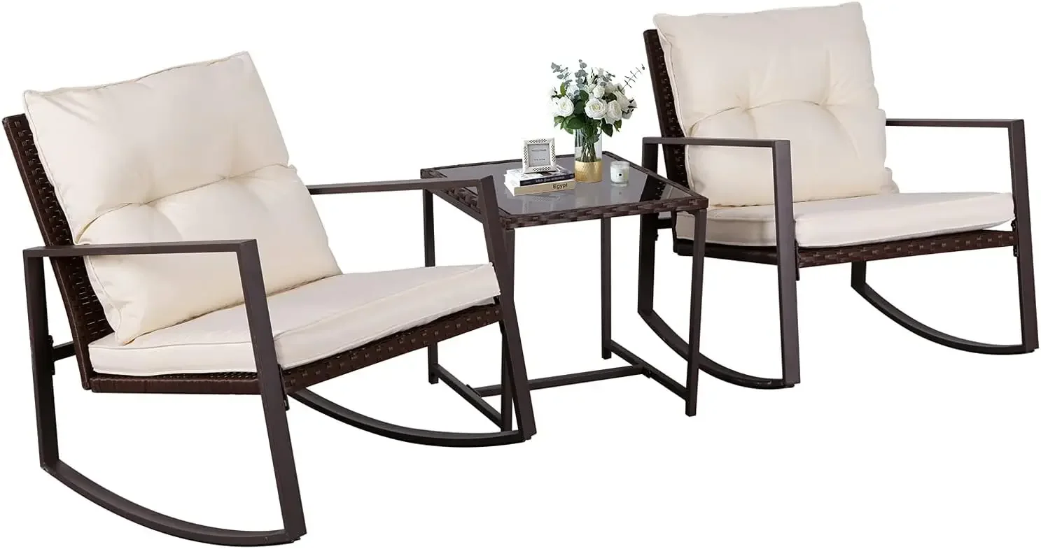 3-Piece Patio Bistro Set Outdoor Rocking Chairs Set Brown Wicker Porch Chairs with Glass Coffee Table, Beige Cushion