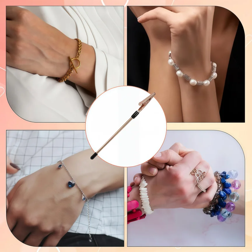 

1 Pc Hand Bracelet Wearing Helper Stick Tool, Long Clamp Fixed Hand Chain Aids Women with Bracelet Ties Watch Clasps Zippers, Rose Golden
