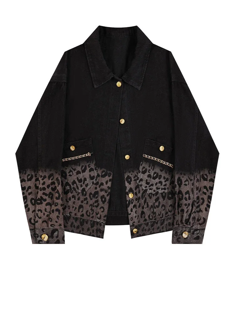 Gradient leopard print denim jacket for women in spring and autumn, loose and casual design, short jacket, trendy top