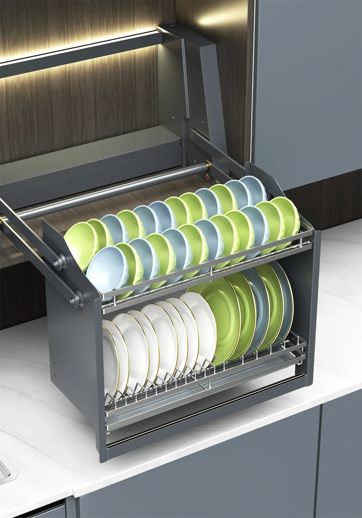 Smart Dish Rack Touch Switch Pull Down Shelf Upper Cinet Organizer LED -Collision Quiet Kitchen Storage