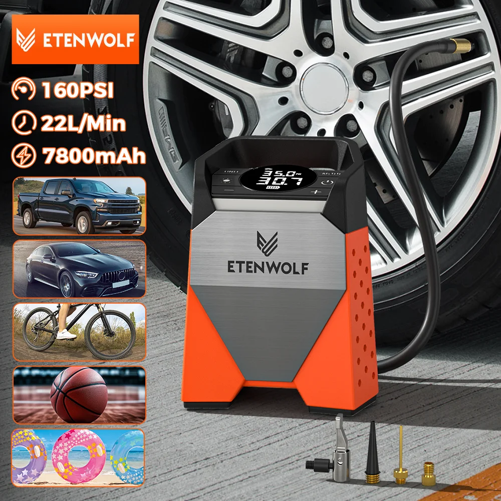 ETENWOLF ZEPHYR S3C ポータブルエアコンプレッサー 100% デューティサイクル車のタイヤインフレーター 7800mAh 車、オートバイ、自転車ボール用