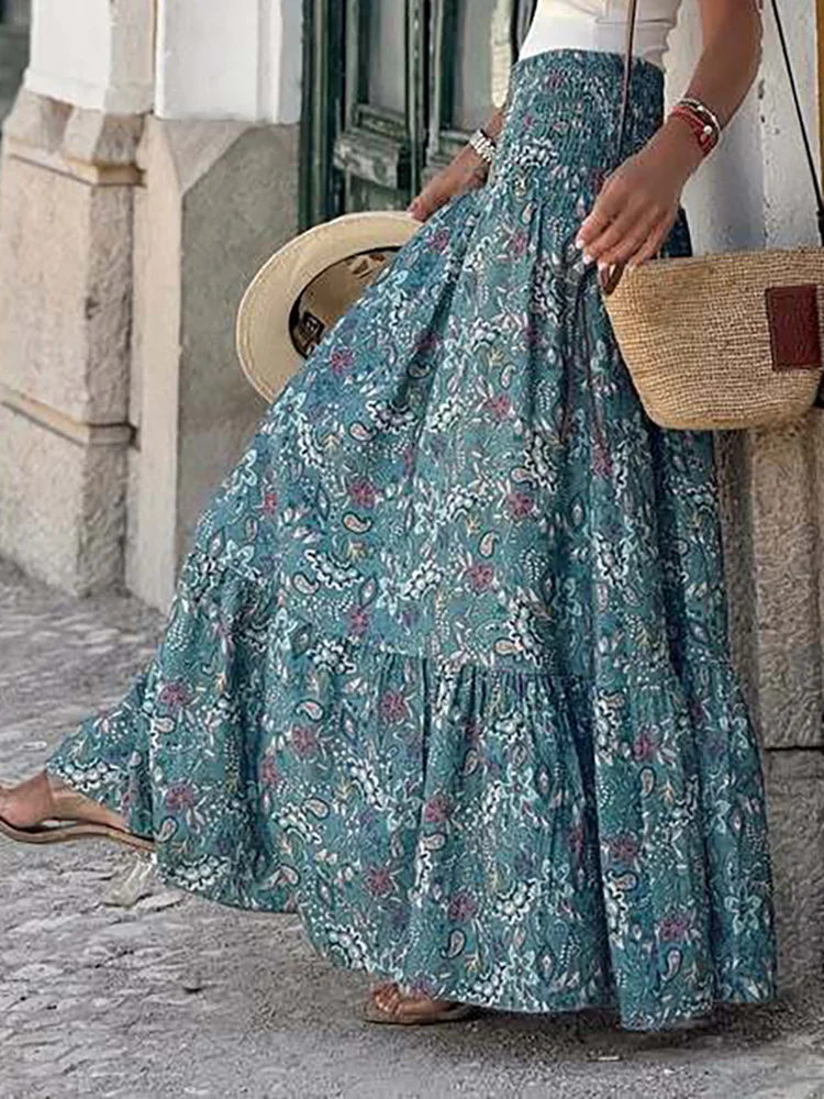 

Новые летние свободные юбки трапециевидной формы для поездок на работу, элегантные женские богемные юбки для отпуска, винтажные полуюбки с эластичной резинкой на талии и цветочным принтом