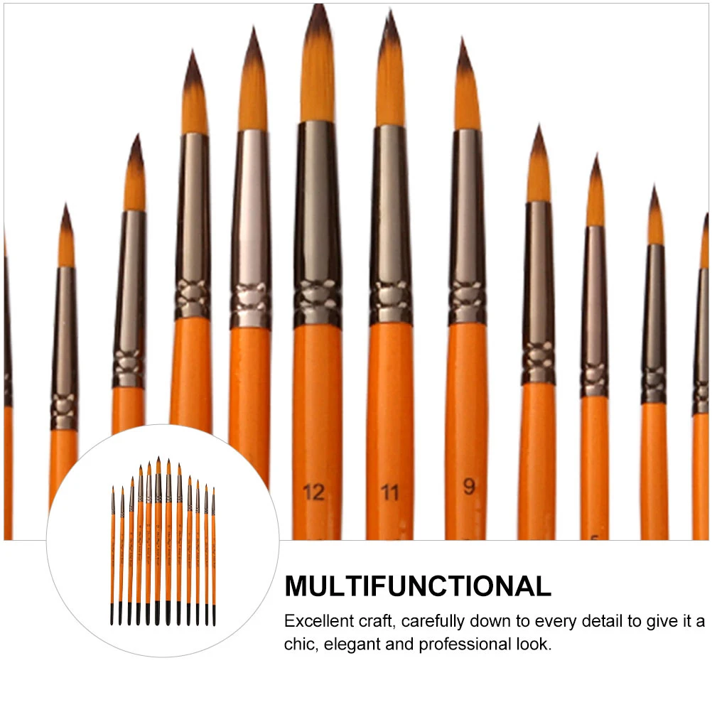 

12pcs Nylon Hair Paintbrushes For Acrylic Oil Watercolor Durable Wood Handle Aluminum Ferrule Long Lasting No Cracking Ideal
