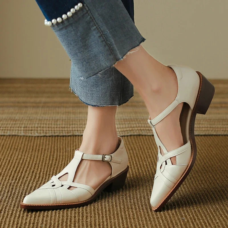 Summer Women Sandals Split Leather Shoes for Women Pointed Toe Chunky Heel Shoes Giadiator Sandals Narrow Band Handmade Shoes