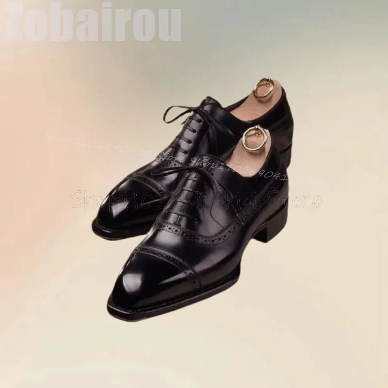 Zapatos Derby con punta cuadrada y cordones para hombre, calzado de lujo hecho a mano para fiesta y oficina, diseño tallado en negro