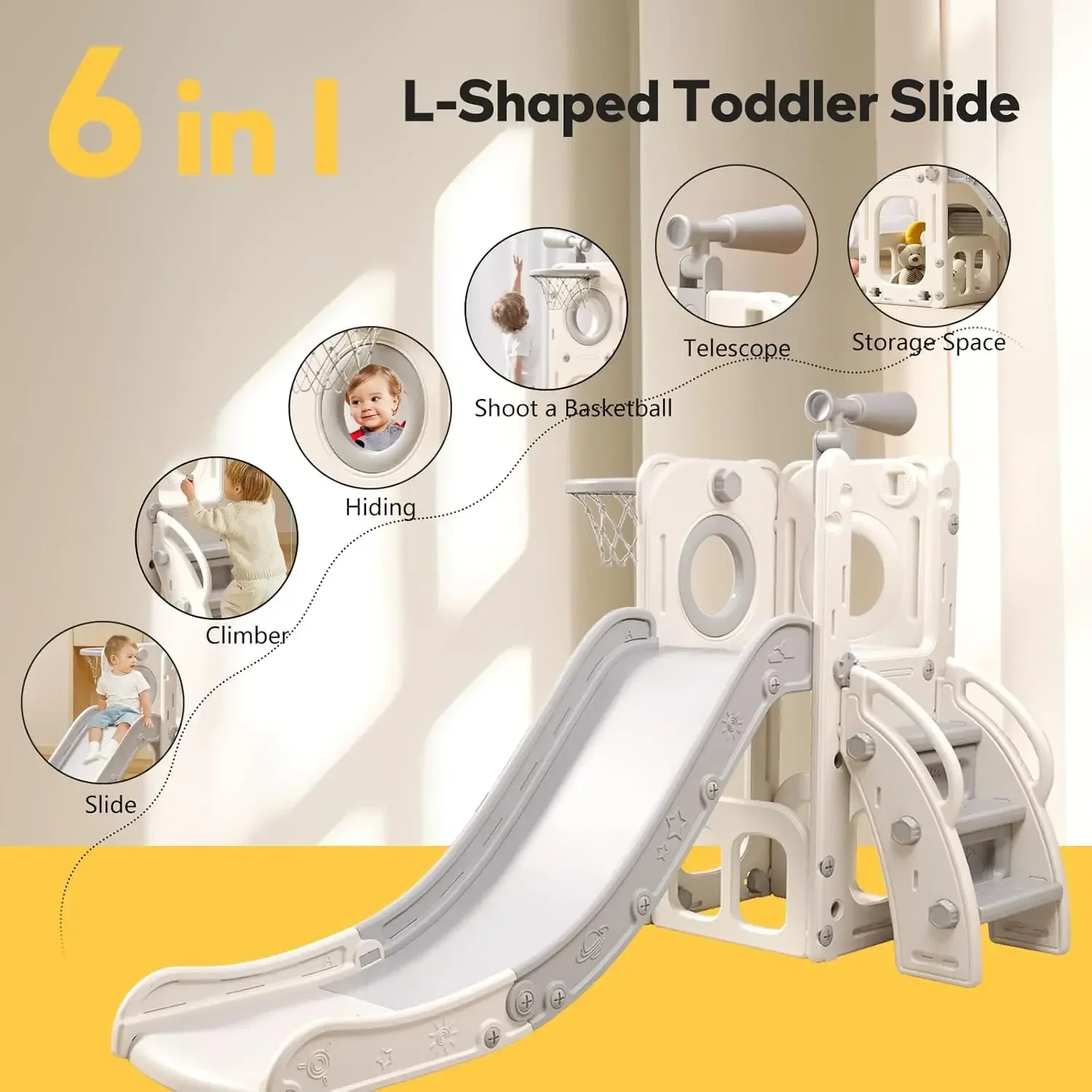 6 in 1 Toddler Playset with Slide,Toddler Slide,Slide for Kids with Basketball Hoop,Ball,Ring Toss,Kids Slide Toddler Playground