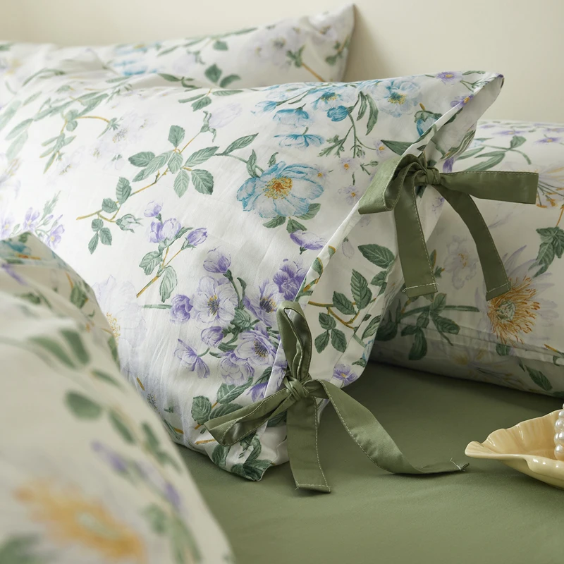 100% Cotton Bedding Set Vintage Floral Print Duvet Cover Set Green Bow Decor Pillowcases Bed Sheet Single Double Queen King Size