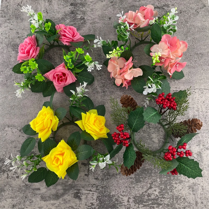 Mini Artificial Flower Wreath Rose Hydrangea Pinecone Berry Candlestick Wreath Wedding Christmas Table Candle Ring Home Décor