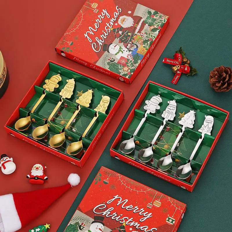 Stainless Steel Christmas Spoon Set With Cute: 4Pcs Santa Snowman Tree Handles Holiday Gifting Dessert
