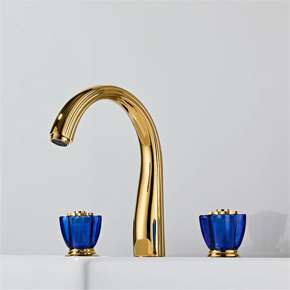 Gold Blue Crystal Bathroom Faucet Widespread Sink Tap Brass Basin Faucet Sink Faucet 3 Hole Crystal Handle Hot & Cold Water Tap