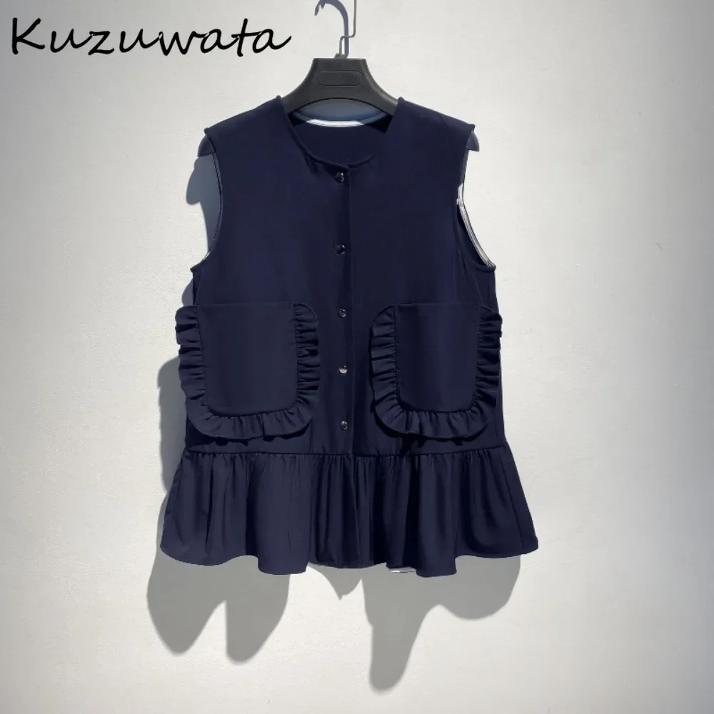 Kuzuwata Casual Vintage Sleeveless Fungus Ropa Mujer Patchwork All-match Ruched Small Fellow Shirt Japan Minority Vest Blouses