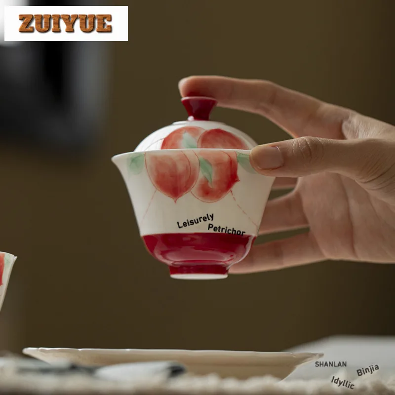 

120ml Hand-painted Peach Gaiwan Vintage Tea Tureen Household Tea Bowl With Lid Kit Tea Making Cover Bowl Teaware Ornaments