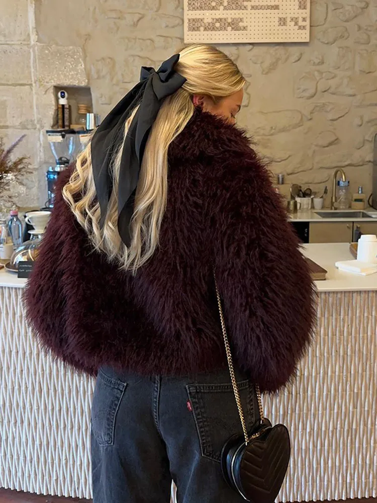 Elegant Lapel Burgundy Thicken Plush Faux Fur Coats For Women Chic Warm Soft Oversized Casual Jackets 2024 Lady High Streetwear