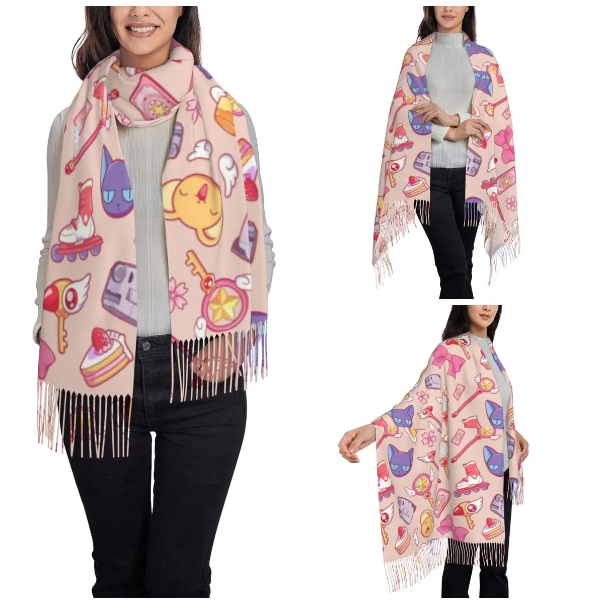 Sakura Cardcaptor Shawls Wraps for Ladies Warm Large Soft Scarf Anime Cute Keroberos Japan Manga Pashmina Shawl Scarves