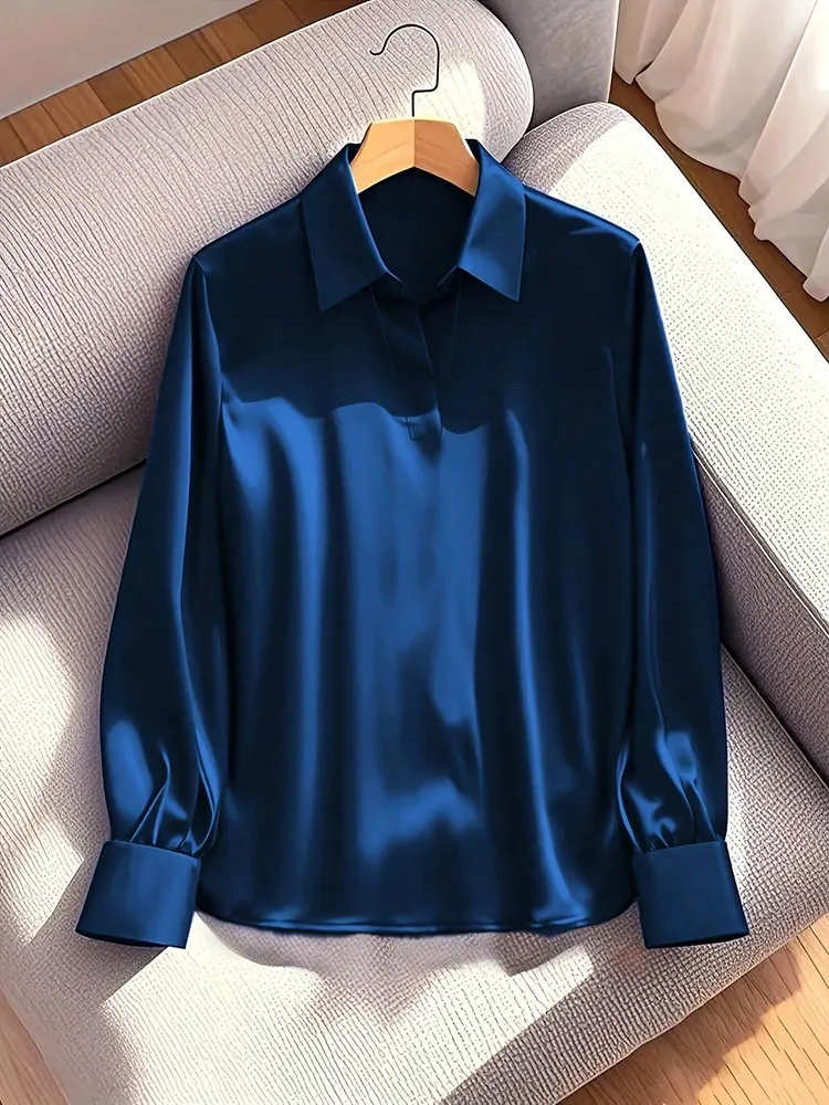 New Vintage Navy Luxe Satin V-Neck Long Sleeve T-Shirt Fashion Commuting K Pop Office Slim Women Pulovers All Match Polo Tops