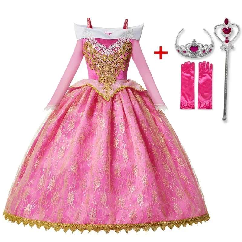 Ragazze Cosplay Sleeping Beauty Aurora Off spalla Princess Dress 2024 Halloween Birthday Costumes Party Clothes for 3-10Y Kids