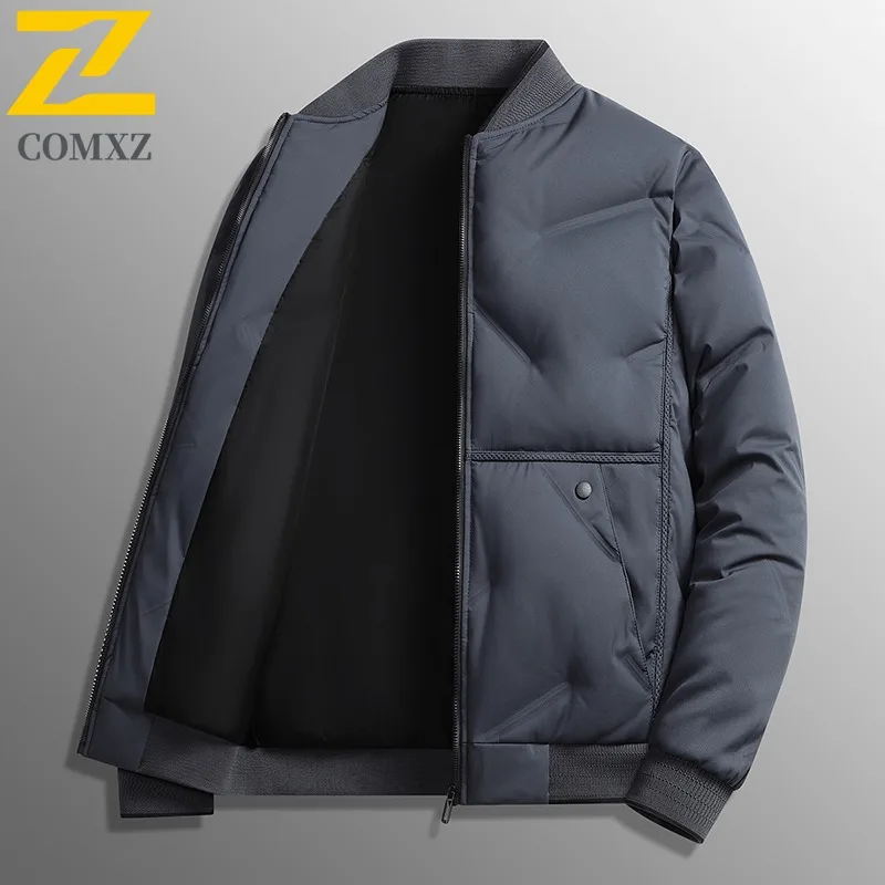 COMXZ Men Middle Aged White Duck Down High Quality Down Jacket Stand Collar wrinkle Casual Business waterproof and windproof Top