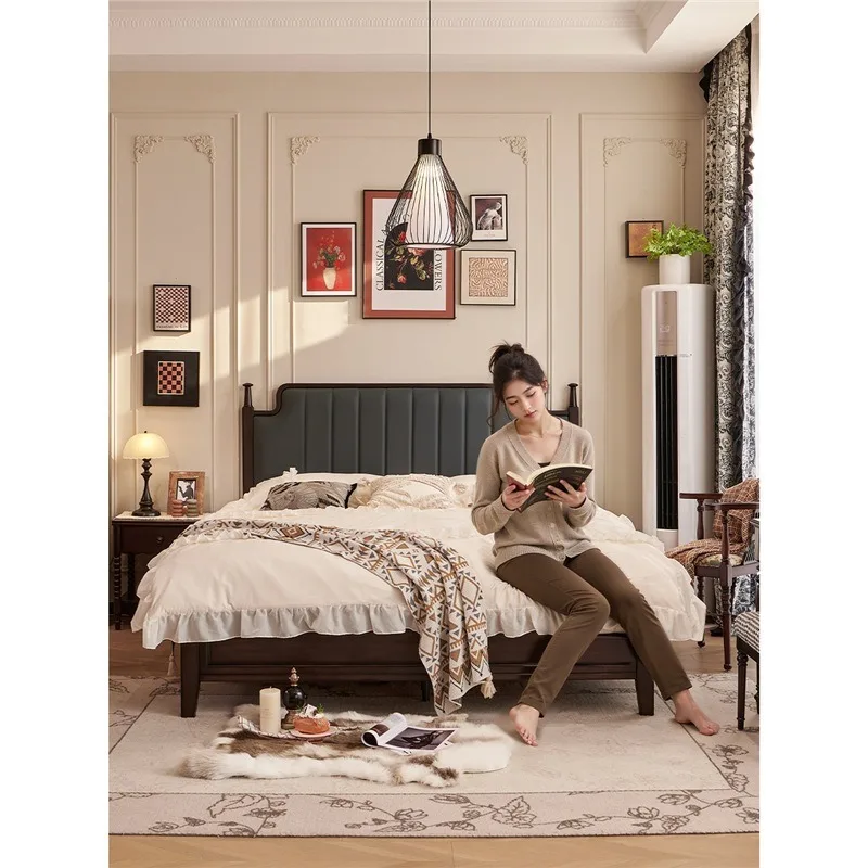 American Retro Black Double Bed Mid Century Style Wooden Creative High End Bed Bases & Frames Designer Bedroom Furniture FYBB
