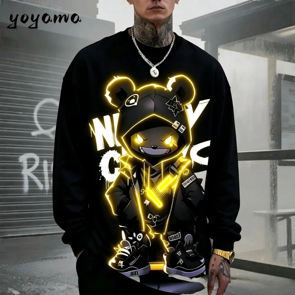 Men's autumn skateboarding teddy bear letter print micro elastic comfortable round neck long sleeved T-shirt outdoor casual top view 3