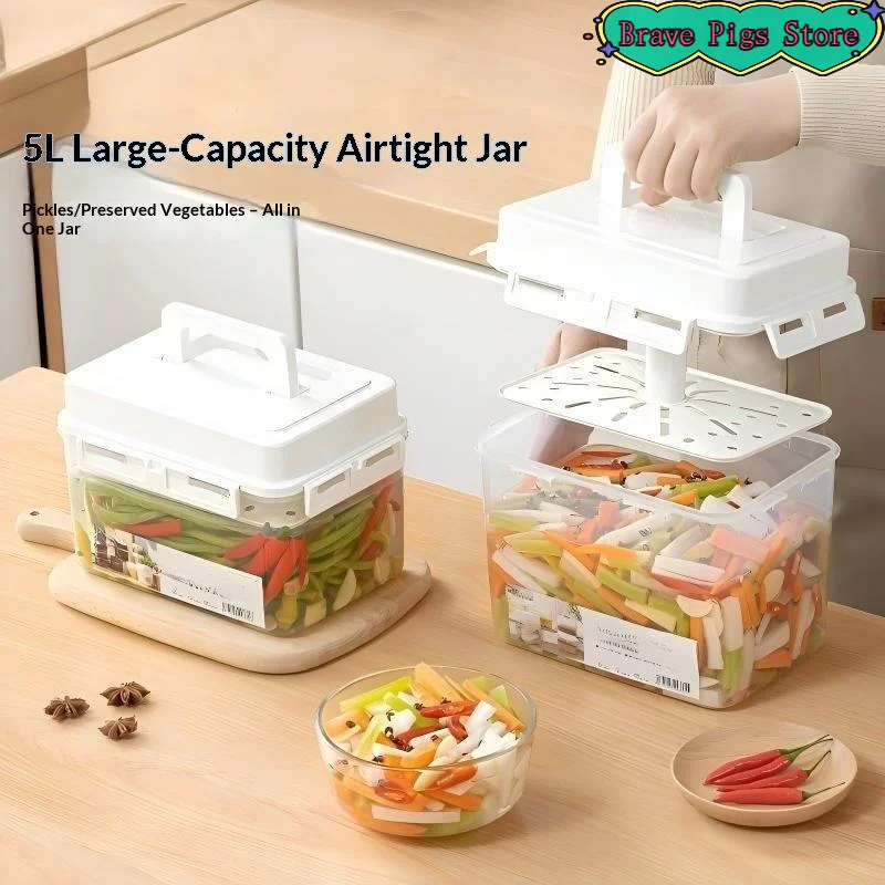 1Pc 4L Airtight Pickle Jar Plastic Leakproof With Press Plate Storage Container For Gherkin Sauerkraut Olive Kimchi Kitchen Bin