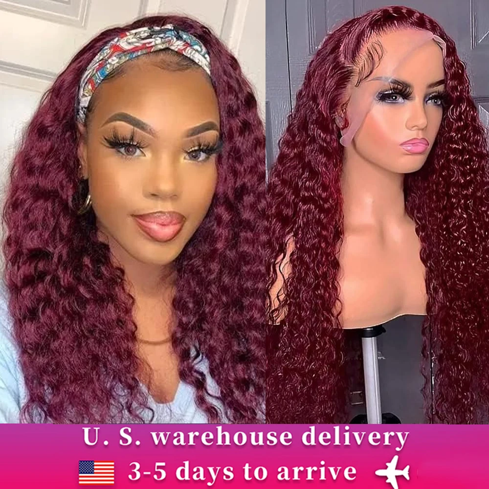 180% 99J Burgundy Deep Wave Lace Front Wig Human Hair 14x4 HD Lace Frontal Wig Pre Plucked Colored Curly Human Hair Wigs on Sale