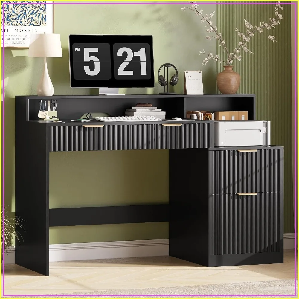 Fluted Computer Desk with Power Outlets Drawers Printer Stand Wood Home Office Desk Black