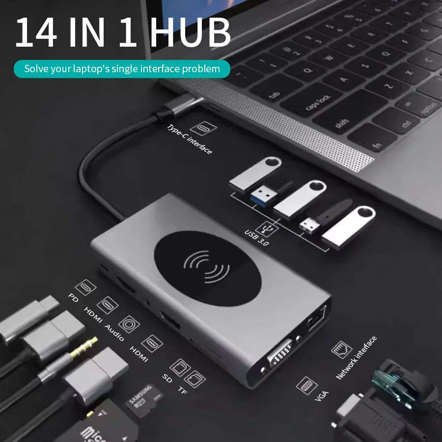 

14 in 1 HUB Docking Station Wireless Charging USB-C Data Transmission Multi Port Distributor Compatible with Multiple Systems