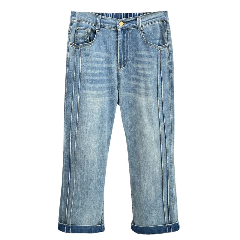 

100KG Summer Jeans New Plus Size Women's Clothing Simple And Thin Denim Straight Pants Side Fold Splice Ankle Style Bottoms 8930