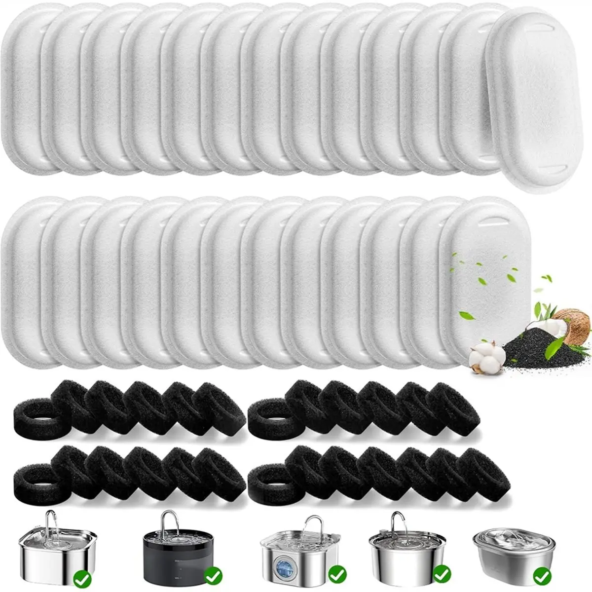 MALL 50 Pack Cat Water Fountain Filters for 108/3.2L& 67oz/2L Stainless Steel Pet Water Dispenser Cat/Dog Fountain Filter