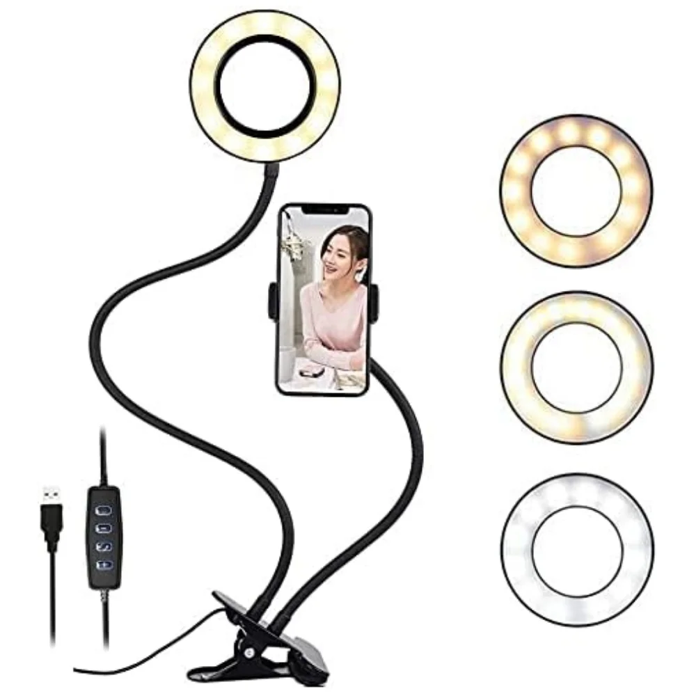 Phone Holder Ring Light, Clip On Selfie Lamp with Adjustable Flexible Gooseneck, 2-in-1 LED Desk Light for Live Streaming, Video