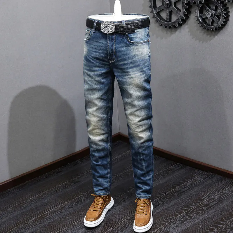 Newly Designer Fashion Men Jeans Retro Blue Stretch Slim Fit Ripped Jeans Men High Quality Vintage Casual Denim Pants Hombre