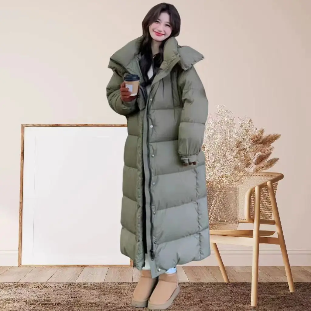 Down Jacket  Winter, Mid Length Knee Length Hooded Thick White Duck Down Bread Jacket, Women's Korean Version New 2024