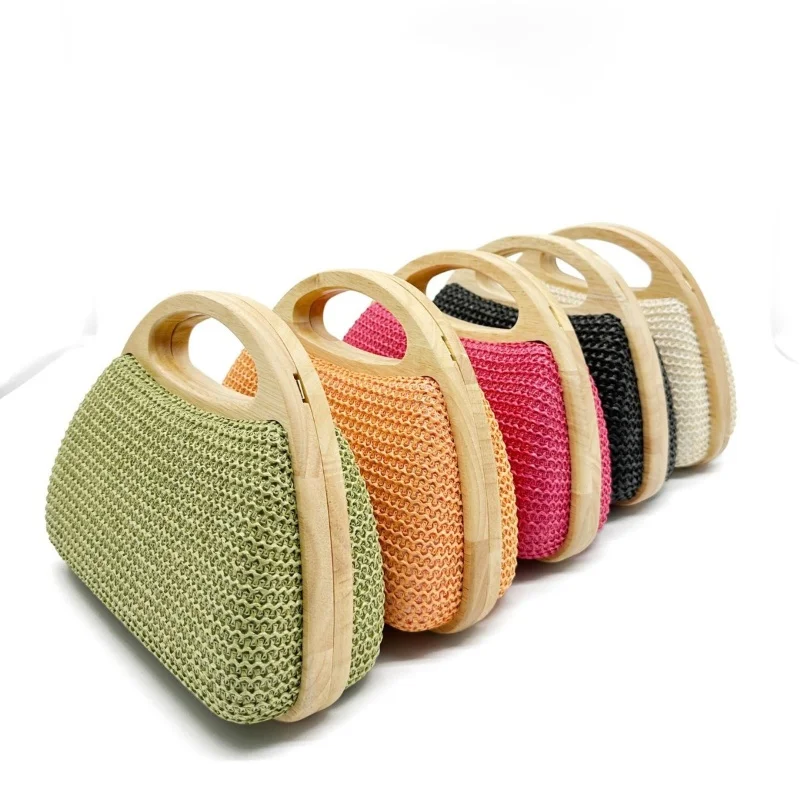 2025 New Fashion Designer Wooden Clip Dinner Bag Lady Party Show Temperament Straw Woven Purse Bag Summer Beach Bag Shoulder Bag