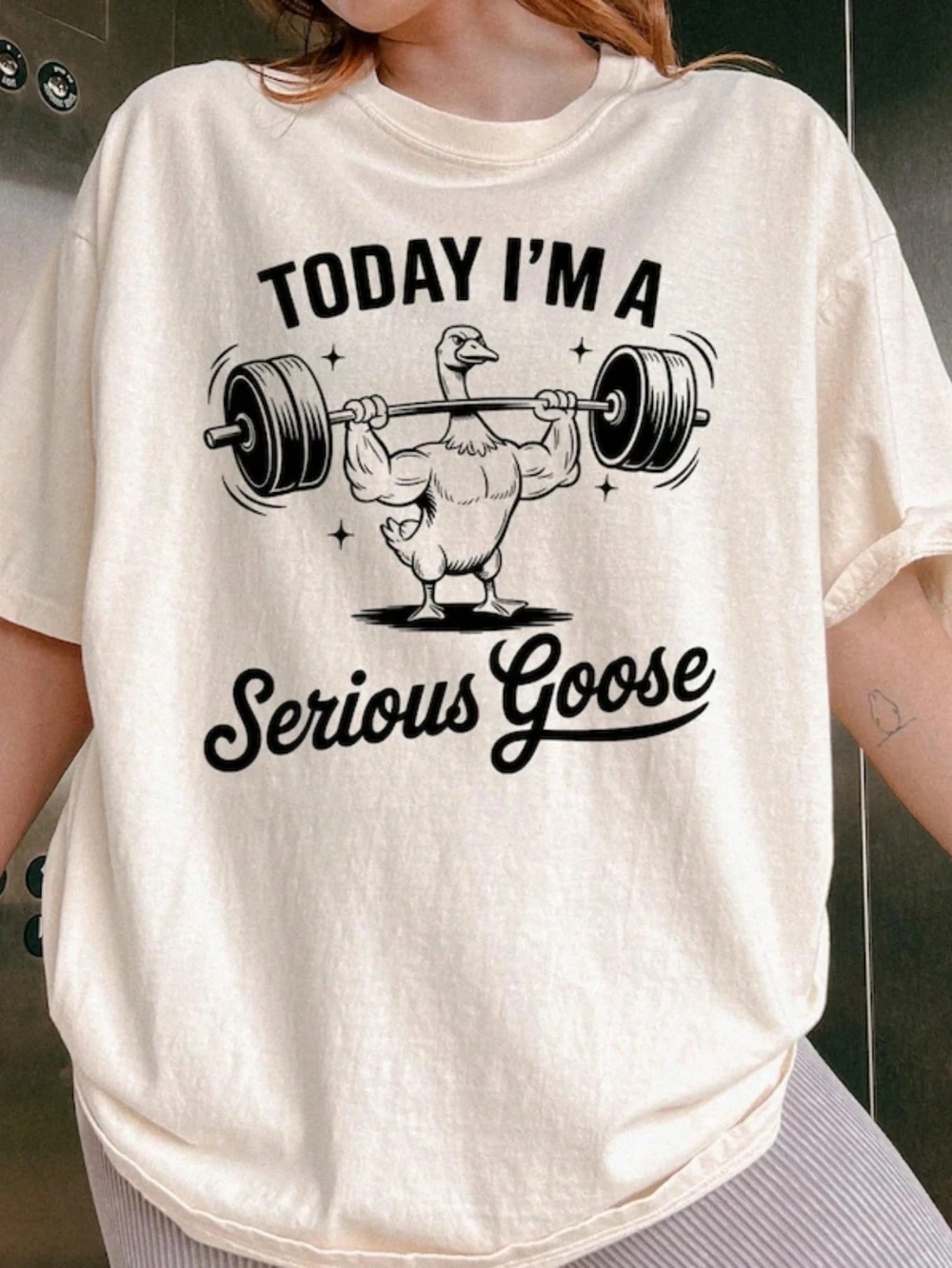 Ernstes Gänsmuster, lustiges Fitness-Sport-T-Shirt, Gewichtheben-Gans-T-Shirt, reine Baumwolle, lockere Passform, kurze Ärmel, Vintage-Kleidung
