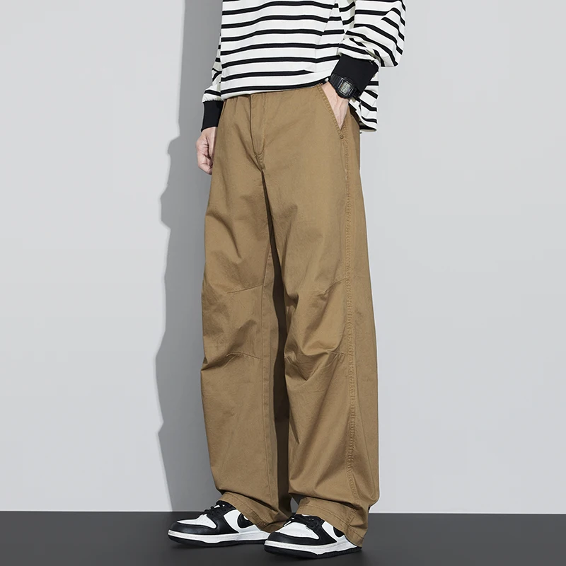 

2026, весенне-осенние новые повседневные прямые брюки-карго из чистого хлопка для мужчин, одежда, простые однотонные брюки