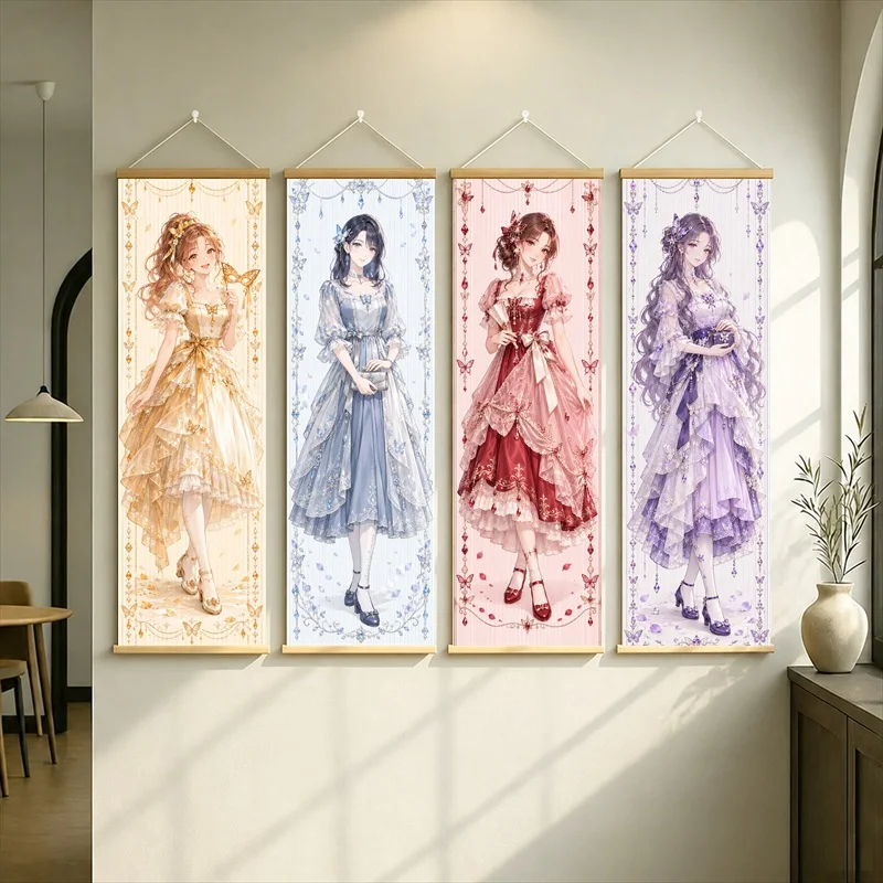 Anime Girls Wall Scroll with Golden Yellow, Blue, Red and Purple Layered Gowns and Elegant Floral Borders for a Bedroom