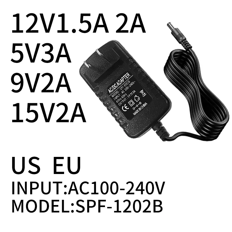 Adaptador de corriente enchufe EE. UU. UE 5V 9V 12V 15V / 1.5A 2A 3A DC tira de LED enrutador CCTV transformador de iluminación 5,5*2,1 ~ 2,5mm