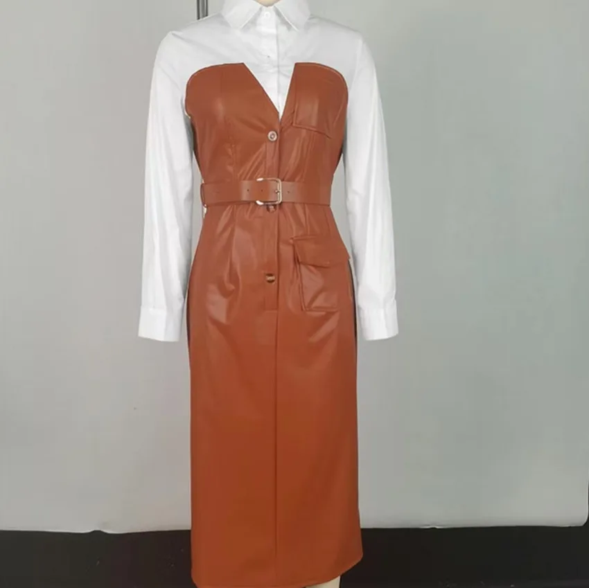 แฟชั่นอเมริกันยุโรปผู้หญิง Turn-Down COLLAR PU หนัง SASH Contrast สีแขนยาวข้อเท้าความยาวเสื้อชุดหญิง