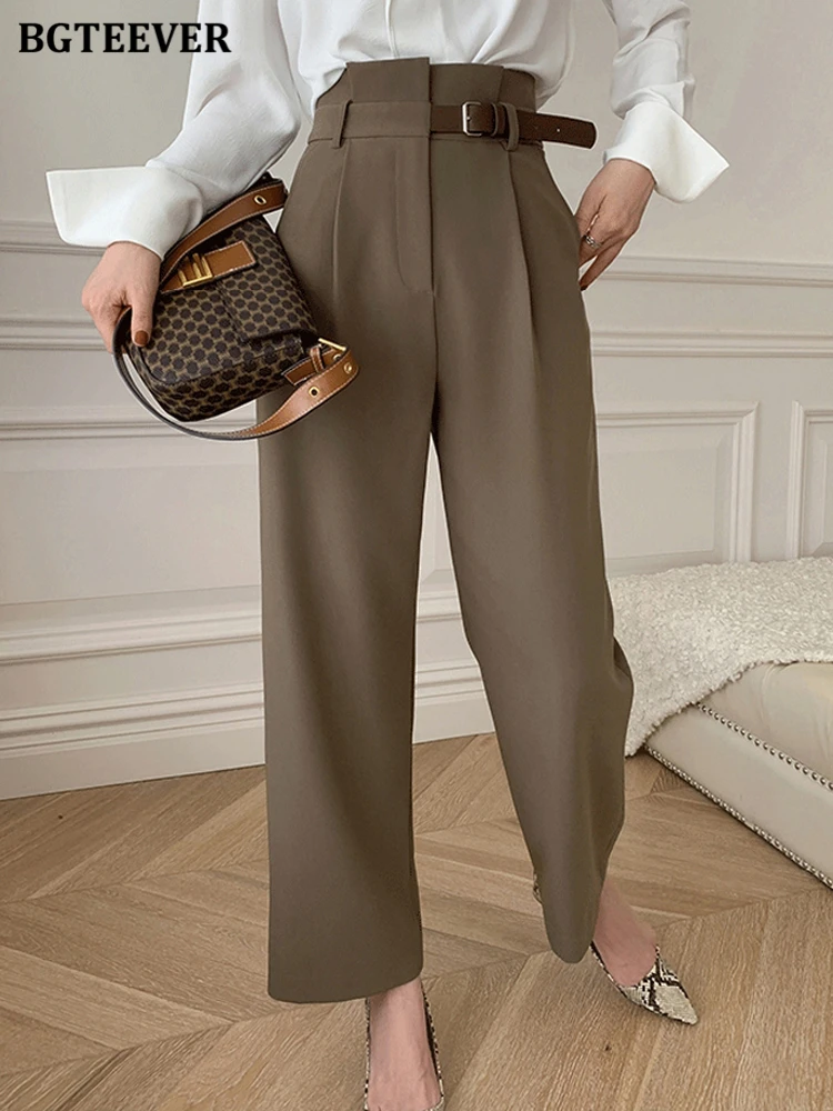 BGTEEVER Spring Summer Loose Belted Female Suit Pants Elegant High Waist Pockets Women Wide Leg Trousers