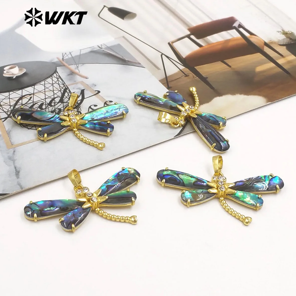 

WT-JP438 Нежный 18-каратный позолоченный кулон в форме стрекозы из натурального морского ушка для женщин, красивые ювелирные изделия ручной работы