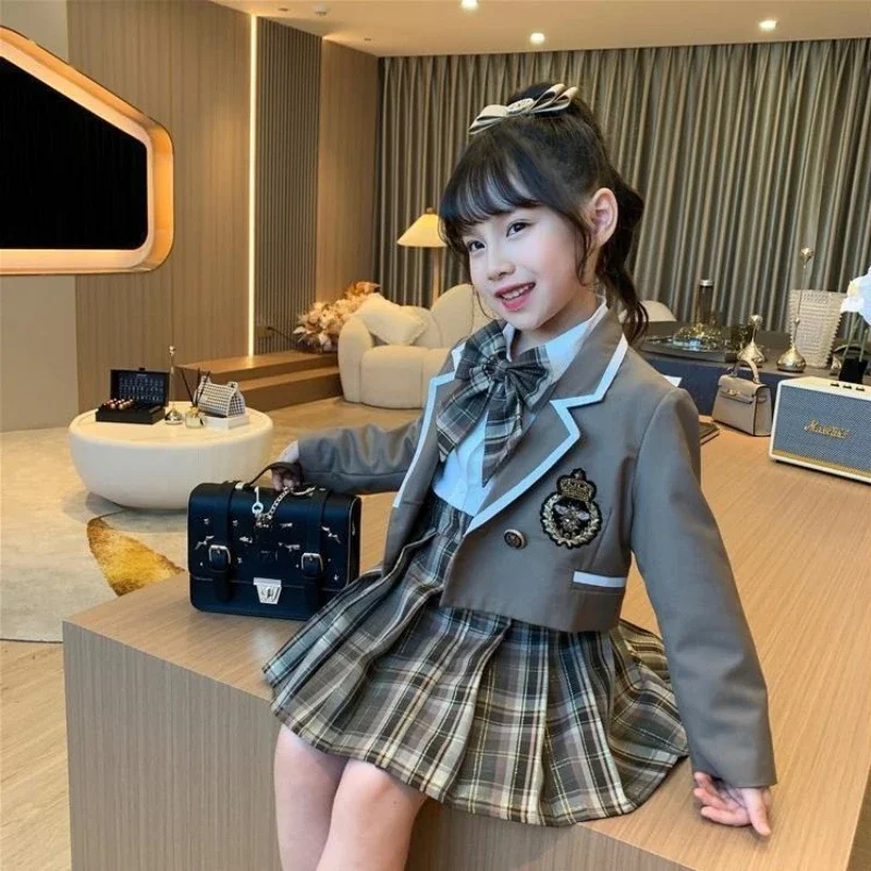 Girls Autumn School Outfit Set 2026 New Kids Blazer Shirt Pleated Skirt Preppy Style for Small Medium Size Children Student Look